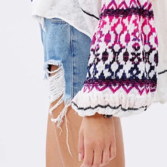 Free People Dreamland Knit Cardigan Womans Small Ivory Pink Balloon Sleeves - Picture 6 of 14